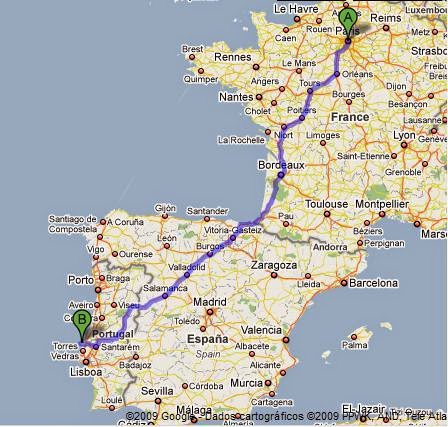 Mapa mostrando trajeto entre Lisboa e Paris