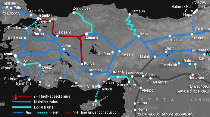 Mapa da linha de trens turca